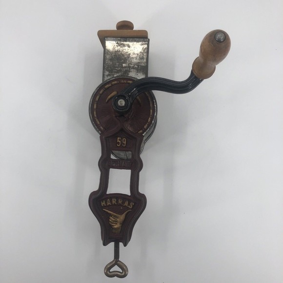 Vintage HARRAS 59 Cast Iron Grinder Table Mounted Wood Block Handle Germany - Picture 2 of 16